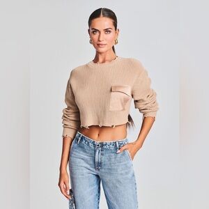 Ser.o.ya Pocketed Distressed Long Sleeve Crew Neck Crop Top Sweater in Lime